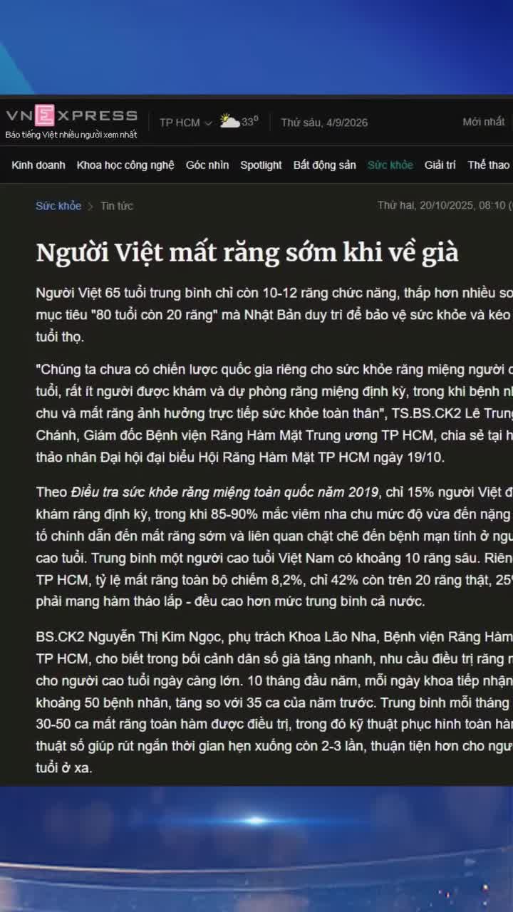 65 tuổi, người Việt trung bình chỉ còn 10–12 chiếc răng, trong khi người Nhật ở tuổi 80 vẫn còn khoảng 20 chiếc.
