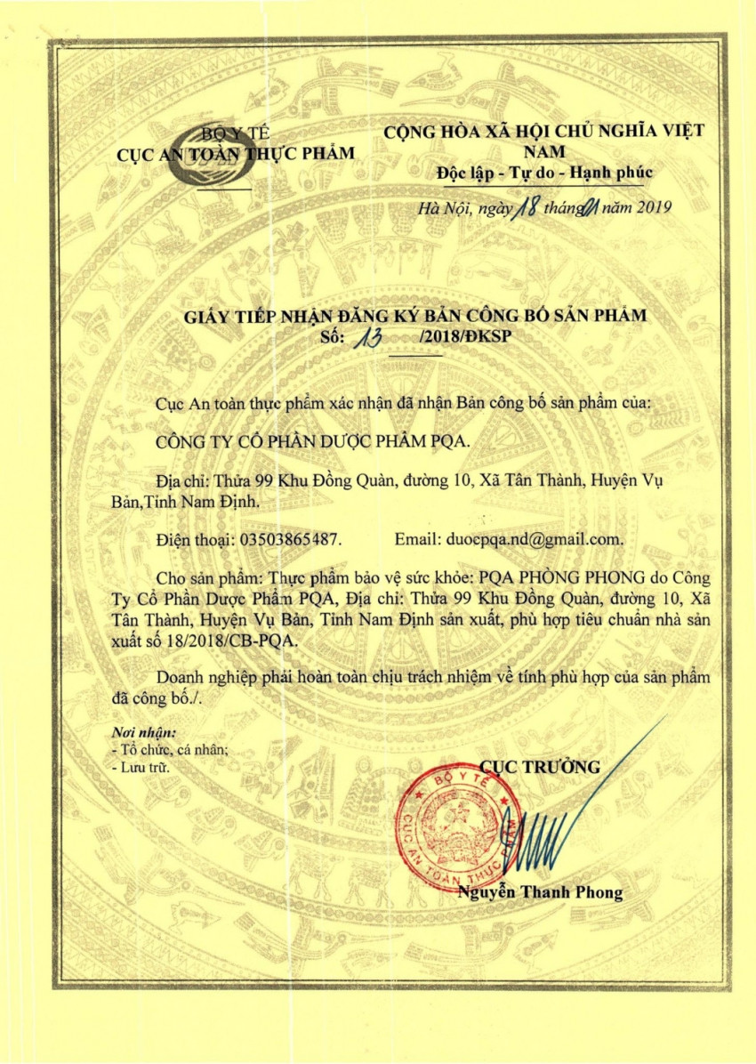 Sản phẩm PQA Phòng Phong - Thư giãn xương khớp được Bộ Y tế chứng nhận trước khi đưa ra thị trường